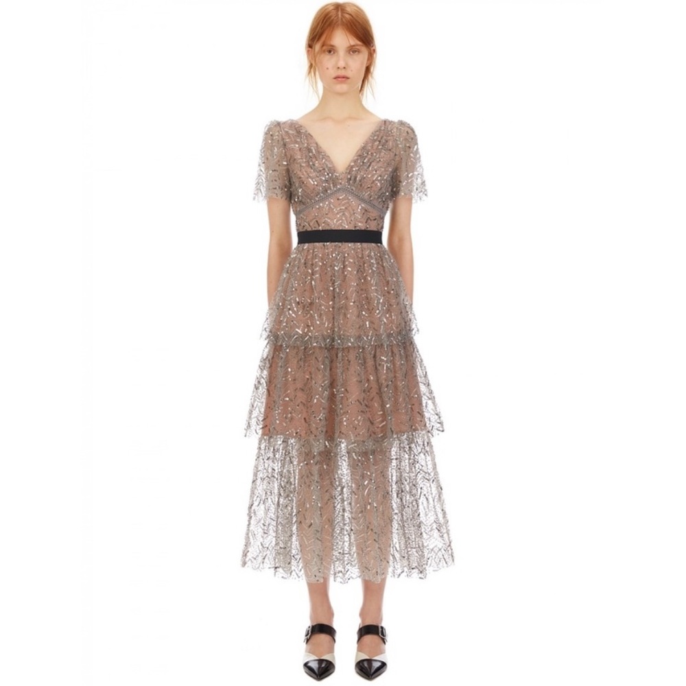NWT Self-Portrait Leaf Sequin Midi Dress